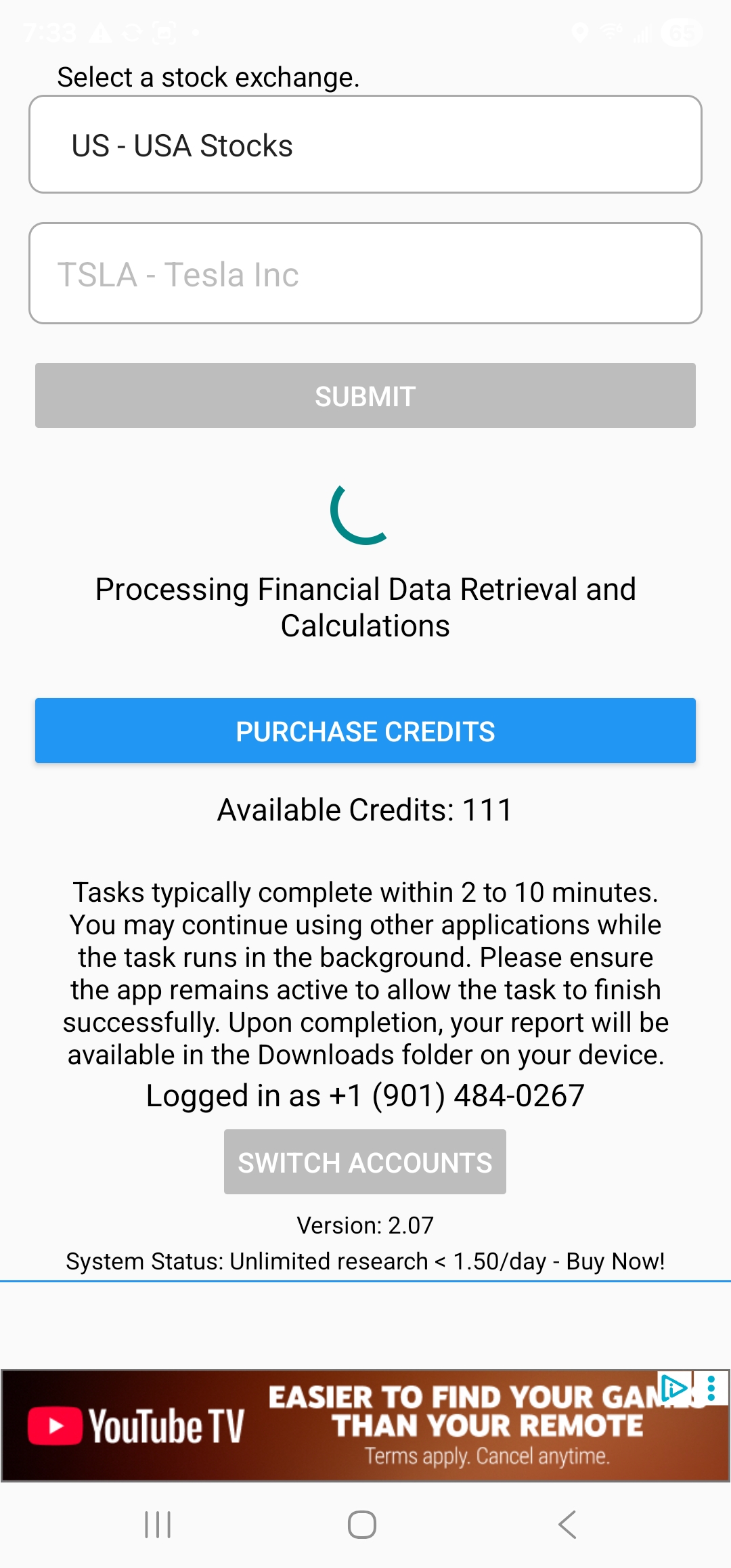 Screenshot showing processing and available credits while the report is running