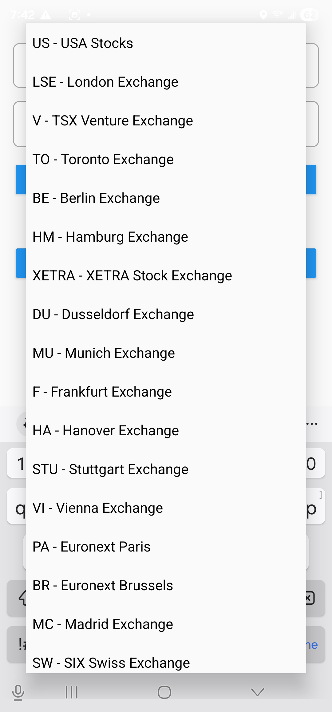 Screenshot showing stock exchange selection in Simple AI Stock Valuation
