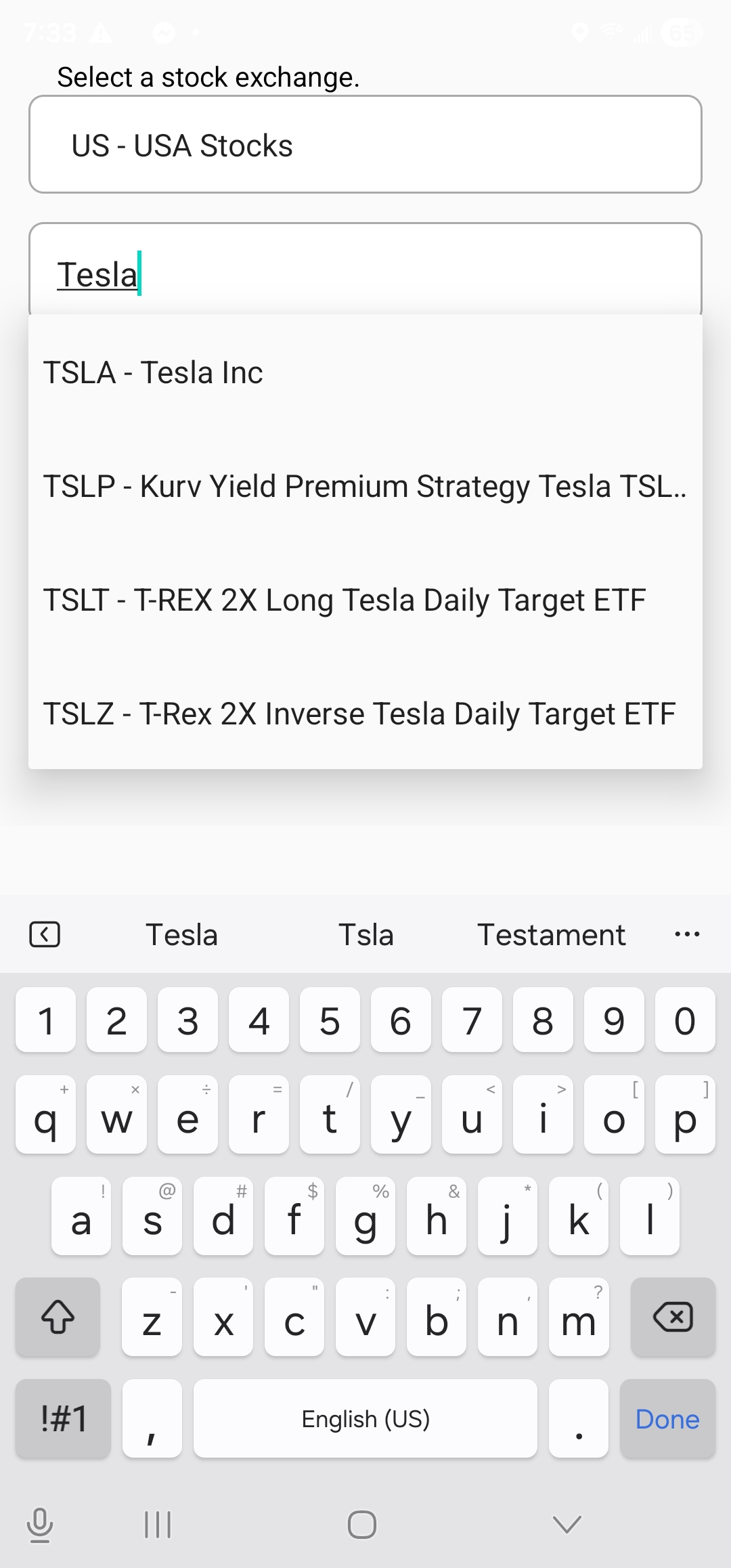 Screenshot showing stock symbol search suggestions in Simple AI Stock Valuation