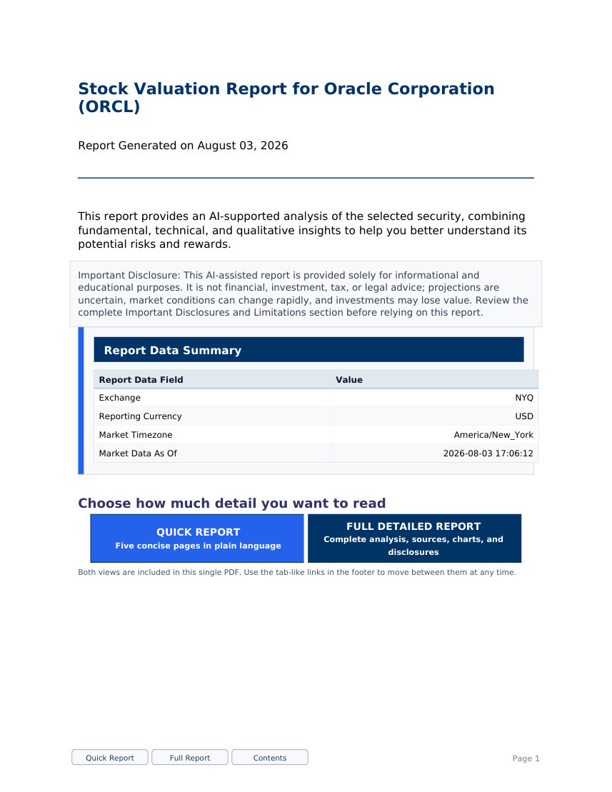 Oracle ORCL stock valuation sample report cover