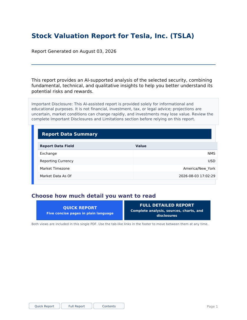 Tesla TSLA stock valuation sample report cover